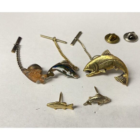 LOT 5 Trout Salmon Fish Pin Tie Tack On Chain & Lapel Pin Anson - Picture 1 of 9